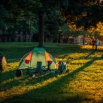 a tent is set up in a grassy field